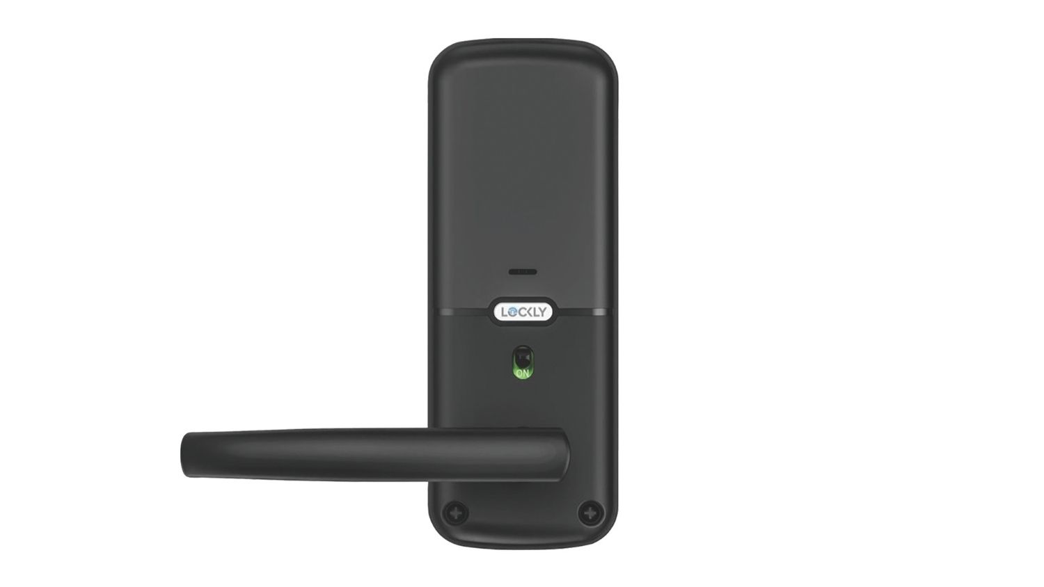 Lockly Pro Latch smart door lock interior handle in silver finish, showing manual lever design and built‑in lock status indicator