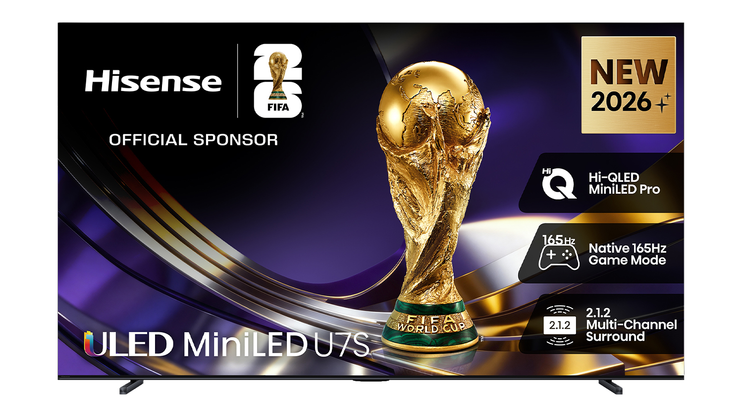 Front view of the Hisense ULED MiniLED U7S TV displaying a FIFA World Cup trophy graphic