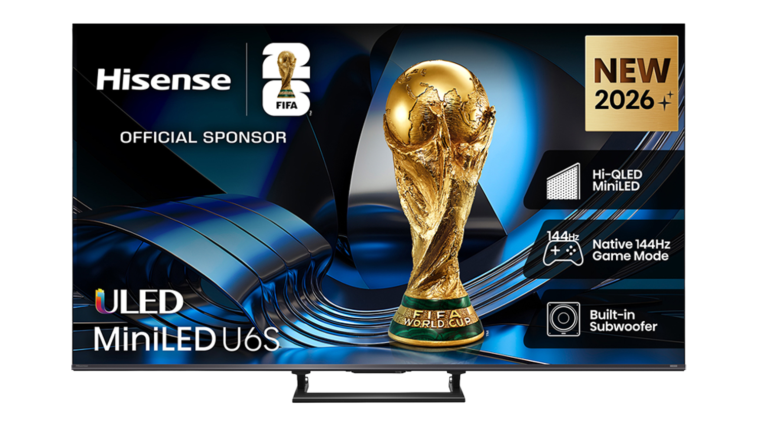 Front view of the Hisense ULED Mini‑LED U6S TV displaying a FIFA World Cup trophy graphic