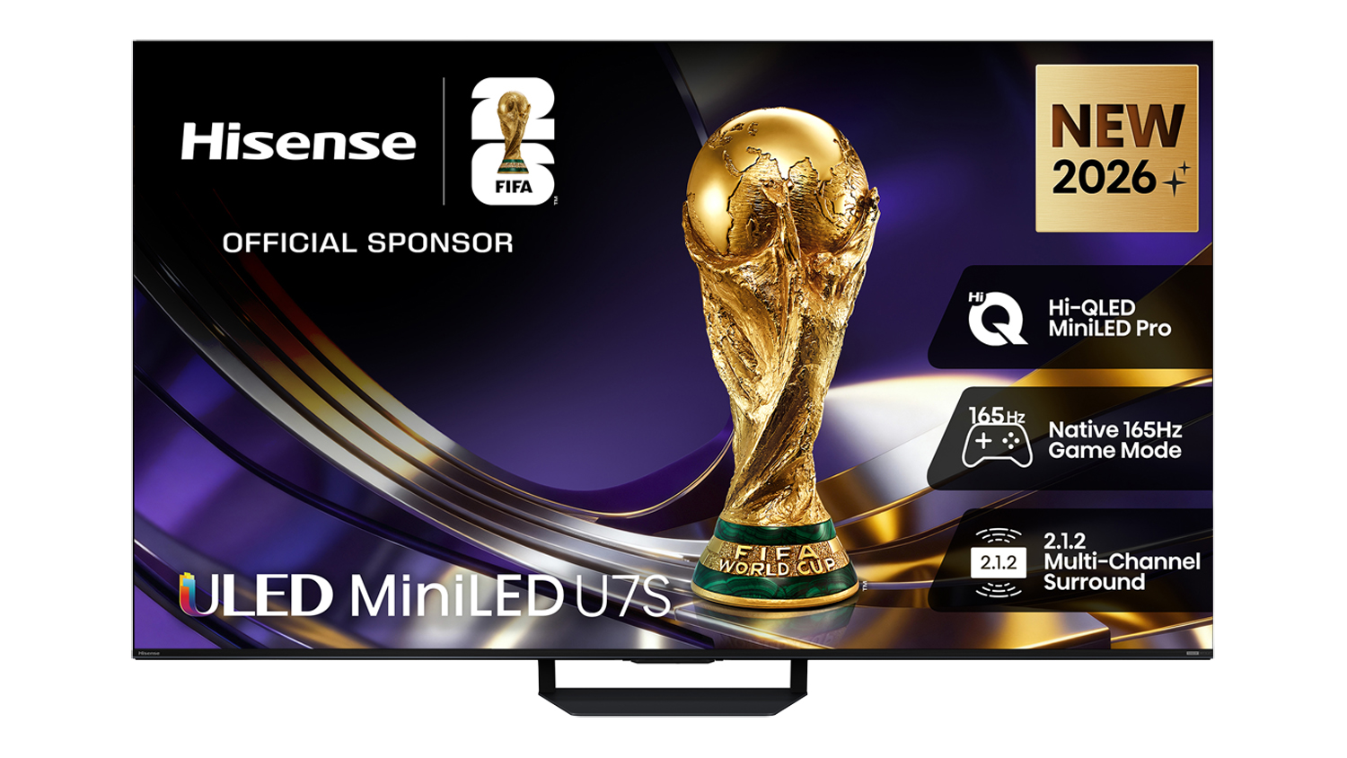 Front view of the Hisense ULED MiniLED U7S TV displaying a FIFA World Cup trophy graphic