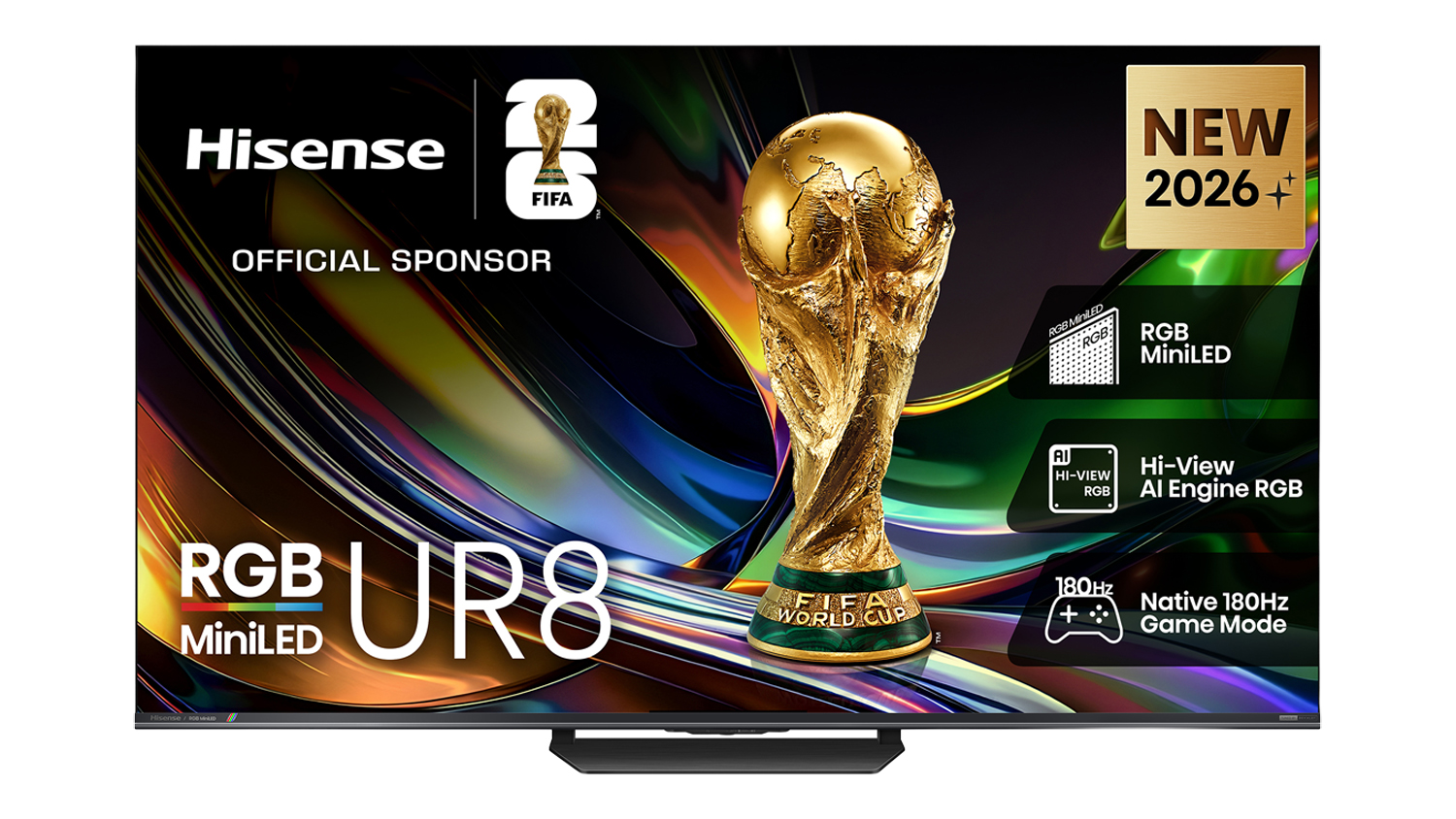 Front view of the Hisense UR8 RGB MiniLED TV displaying a FIFA World Cup trophy on an abstract background