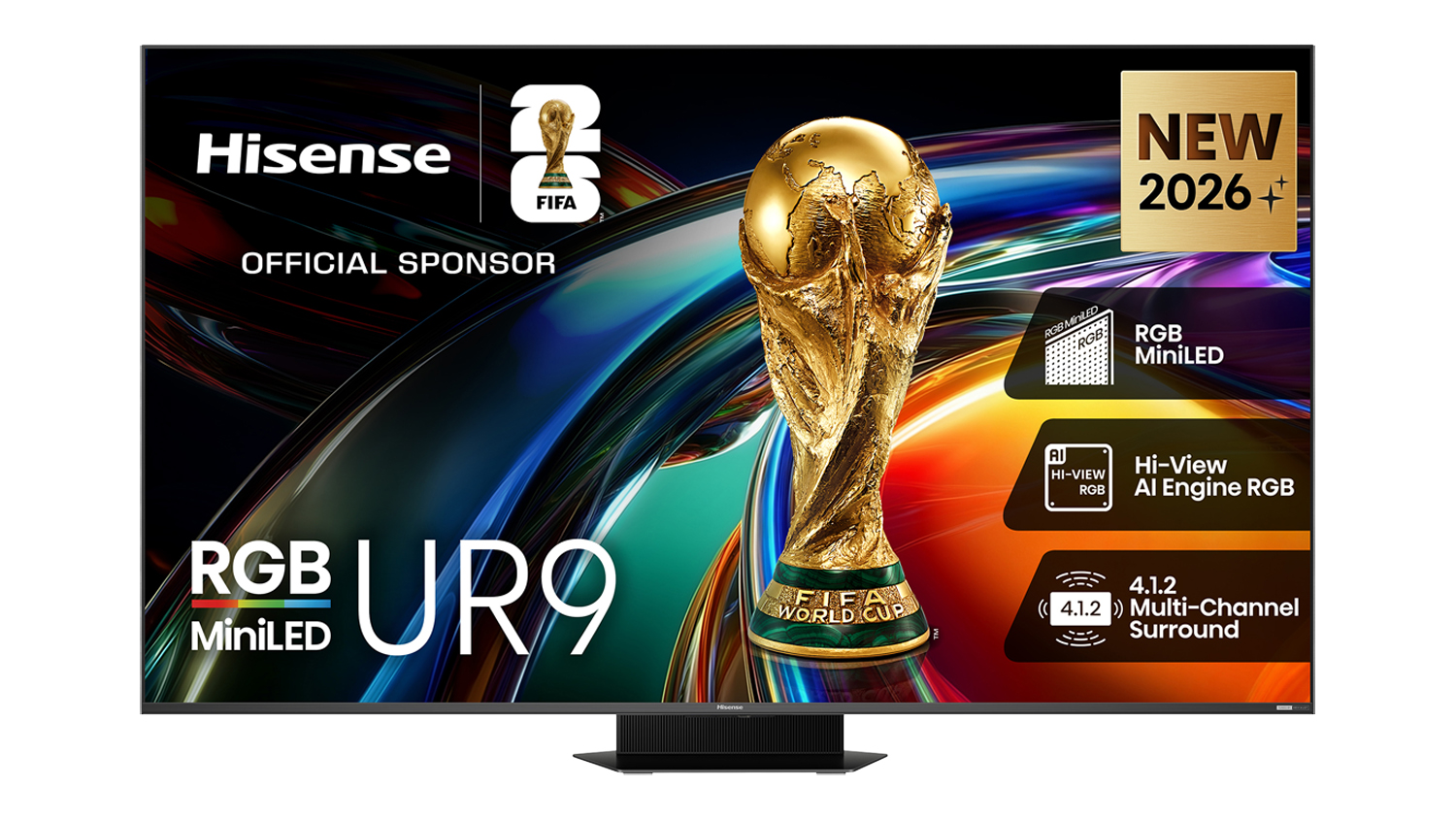 Front view of the Hisense UR9 RGB MiniLED TV displaying the FIFA World Cup trophy on a multicoloured background
