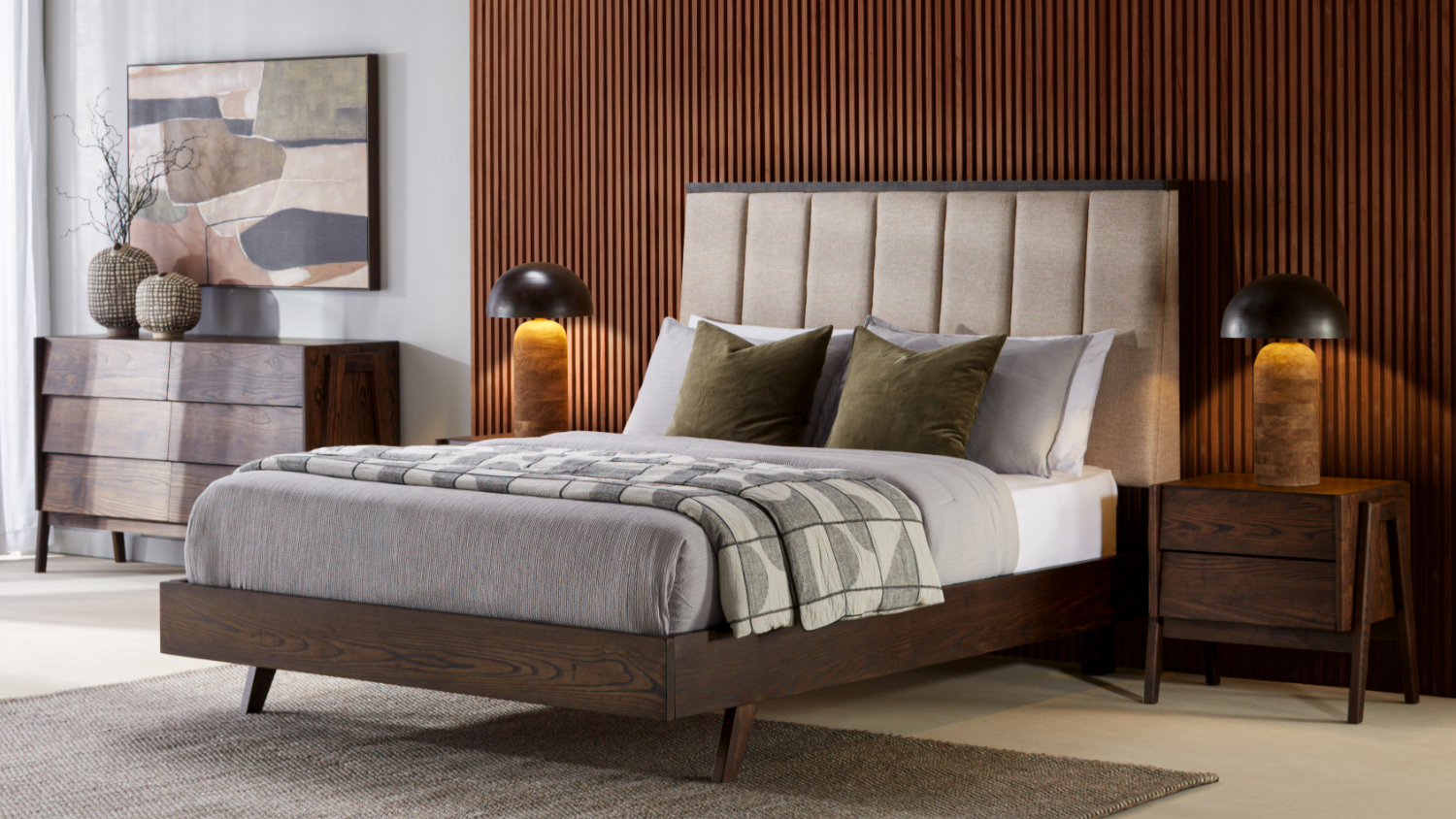 Lifestyle bedroom scene showing the Alexa King Upholstered Bed Frame