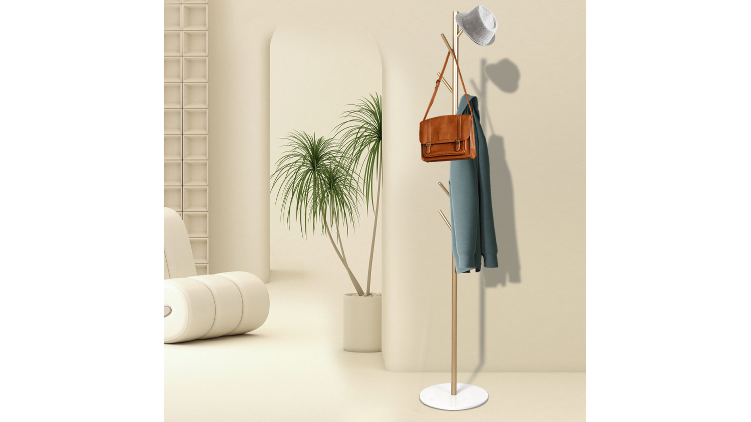Front view of a tall gold metal Levede Minimal Style coat rack with branch‑like hooks on a round white base