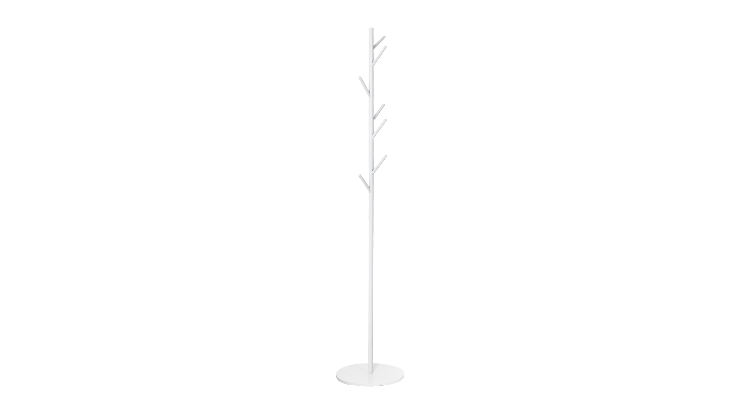 White freestanding Levede minimal‑style coat rack with branch‑like hooks and a round base