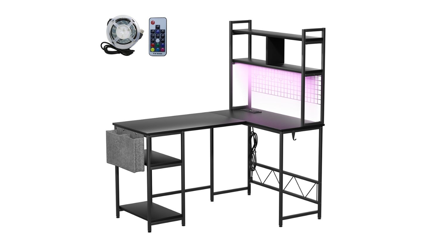 Levede L-Shaped Gaming Desk with Shelves, Storage Pocket - Black