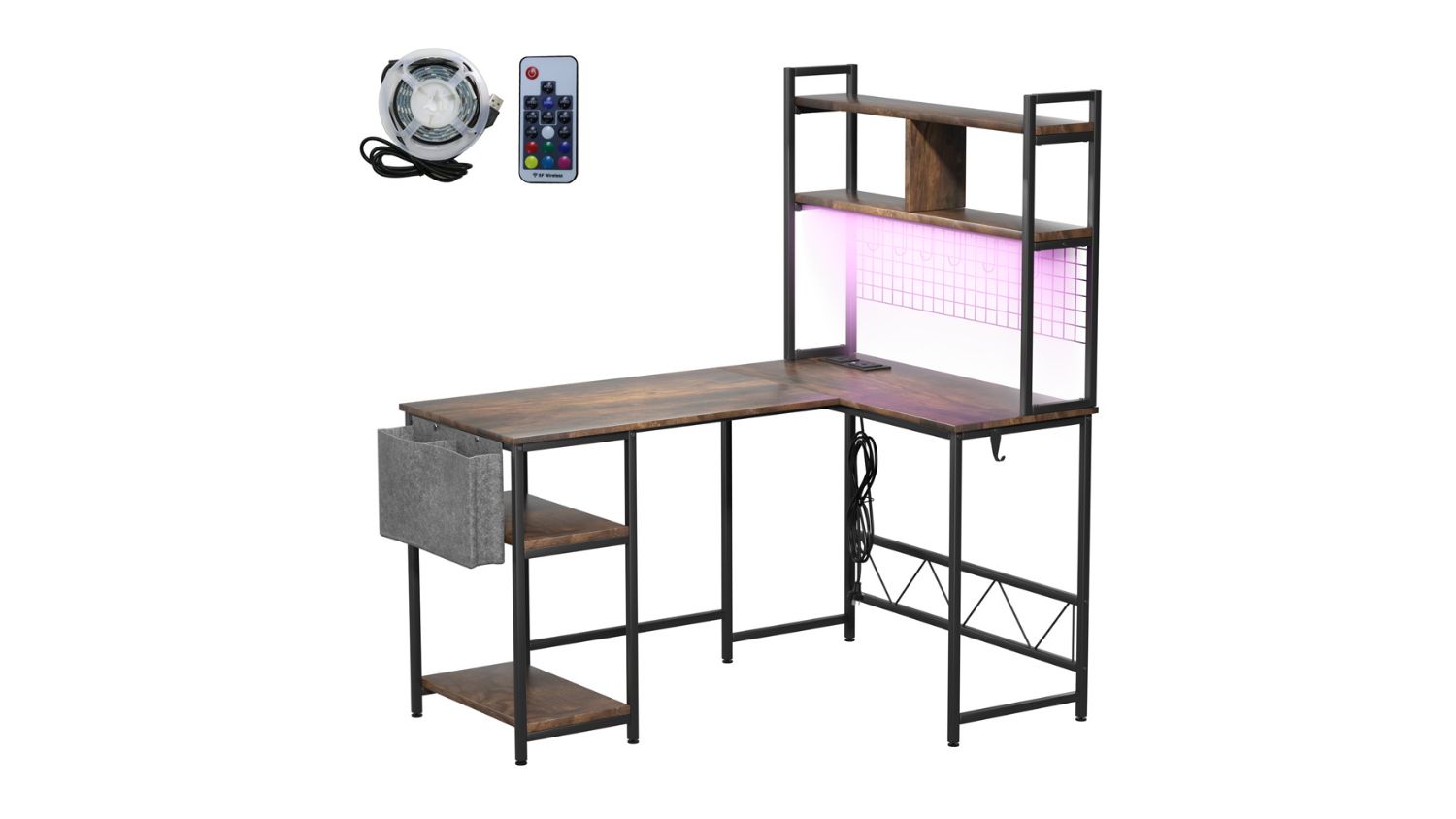 Levede L-Shaped Gaming Desk with Shelves, Storage Pocket - Brown