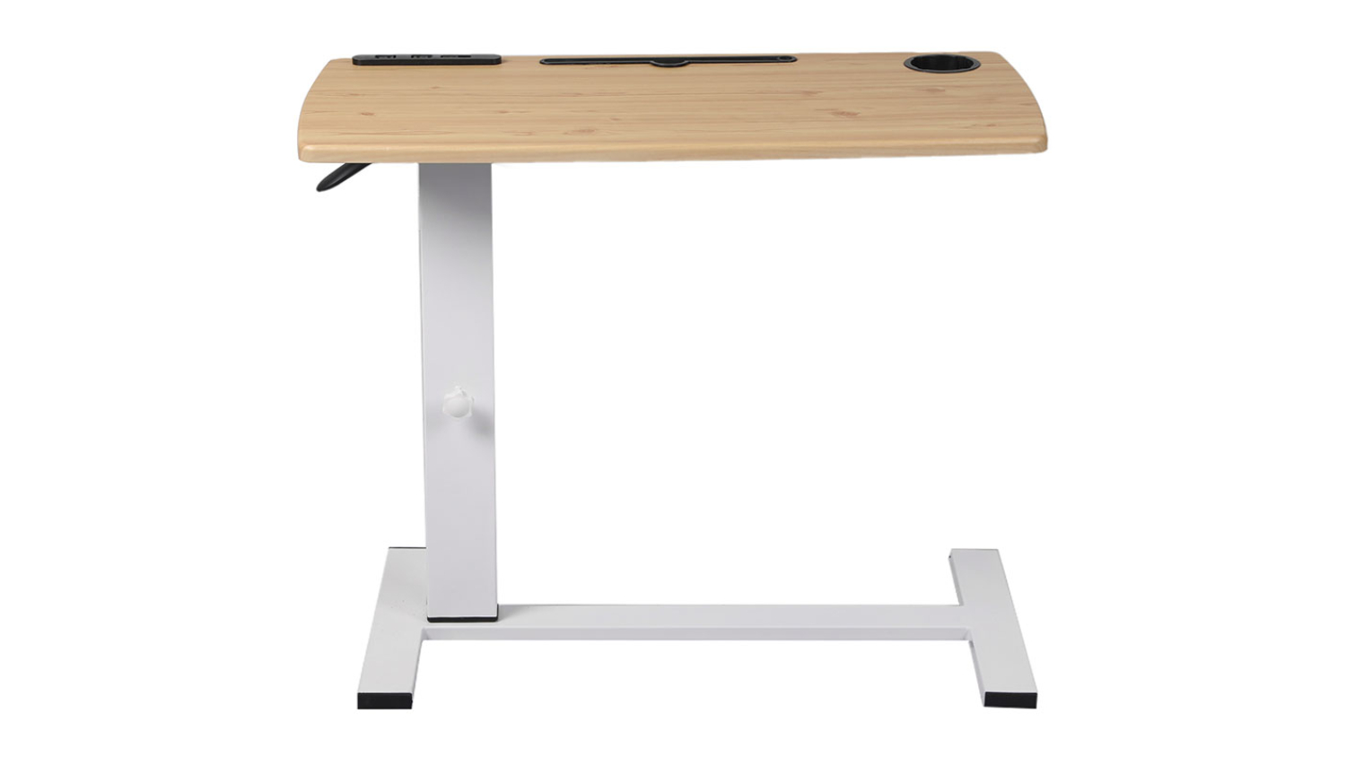 Front view of the Levede adjustable side table, featuring a light wood tabletop and a white frame with a slim T‑shaped base