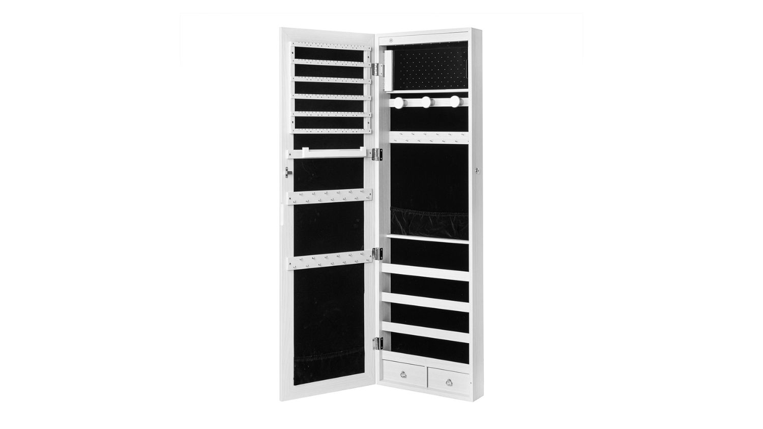 An open white standing jewellery mirror revealing organised storage with hooks, shelves, drawers, LED lights, and velvet lining inside