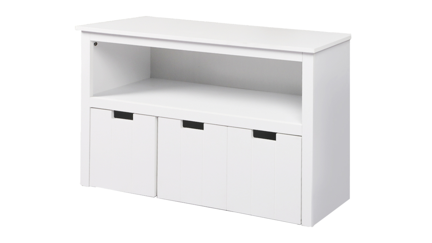 White Levede children’s storage unit with a flat top, an open shelf, and three front storage compartments
