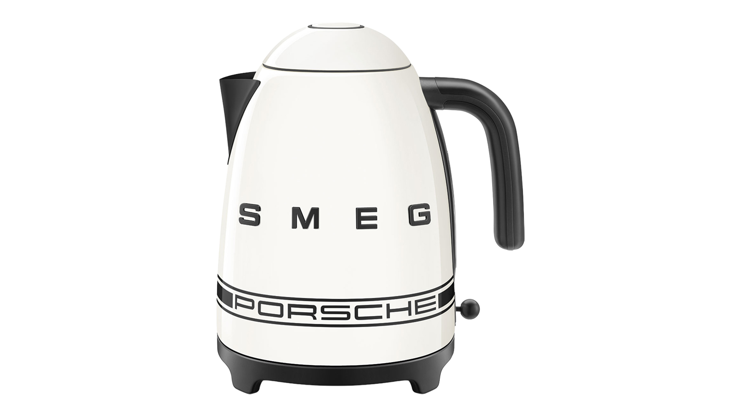 Front view of a white Smeg 50’s Style Kettle Porsche Edition with black racing stripes and logo