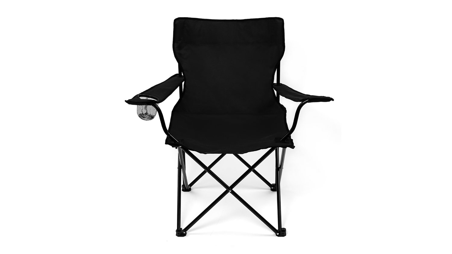 Front view of a black Levede folding camping chair with armrests and cross‑frame metal legs