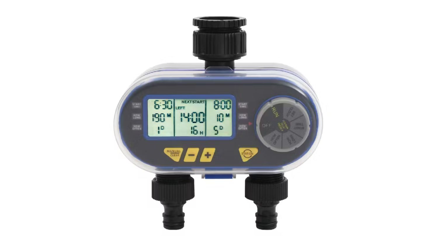 Front view of the NNEVL Dual Outlet Digital irrigation Water timer