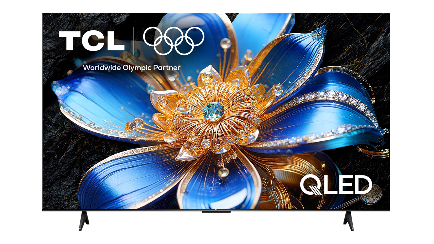 Front view of the TCL 50-inch P7LS QLED TV on dual feet, showing a vivid blue and gold floral image on screen