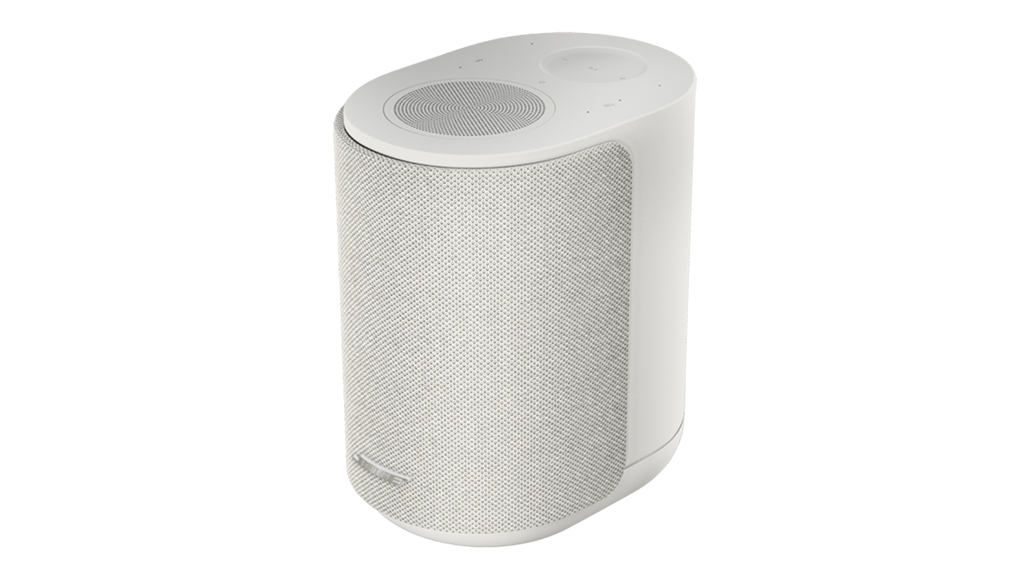 Angled front view of the white Bose Lifestyle Ultra Wireless Speaker, showing its compact oval shape