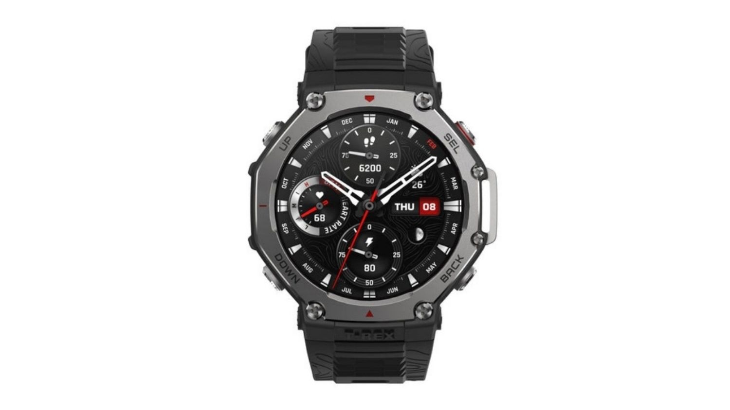 Front view of a rugged multisport smartwatch with a metal bezel, an analog‑style dial, step count, heart rate, and date display