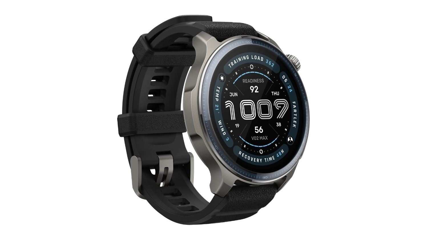 A right-angled view of a rugged fitness smartwatch showing strap design, metal case, and high‑contrast display