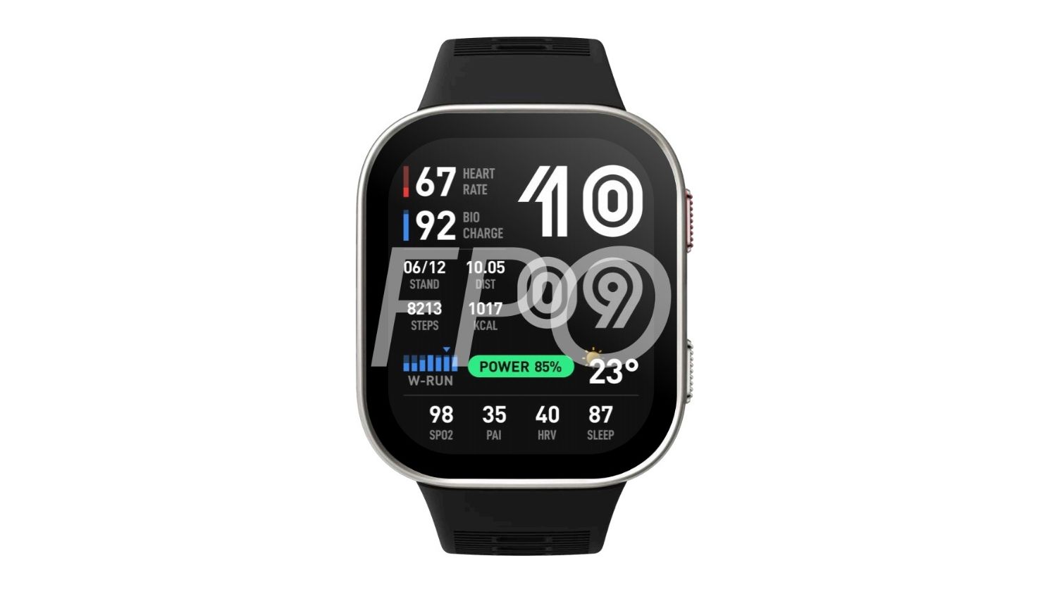 A front view of a square AMOLED smartwatch showing heart rate, BioCharge, steps, calories, SpO₂, sleep, and weather data