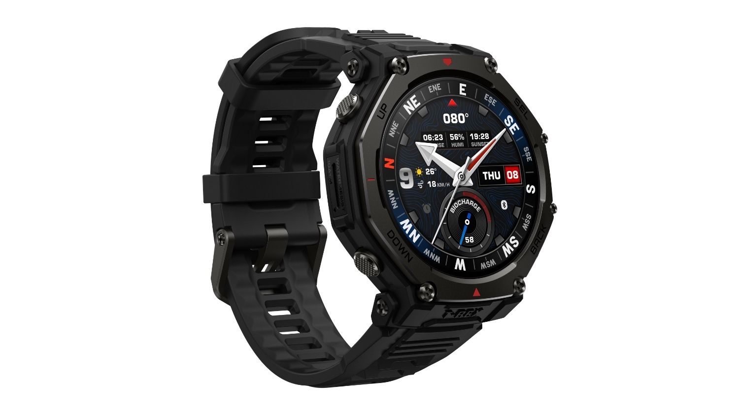 An angled view of the Amazfit T‑Rex 3 smartwatch with a compass bezel, a detailed watch face, rugged screws, and a black silicone band
