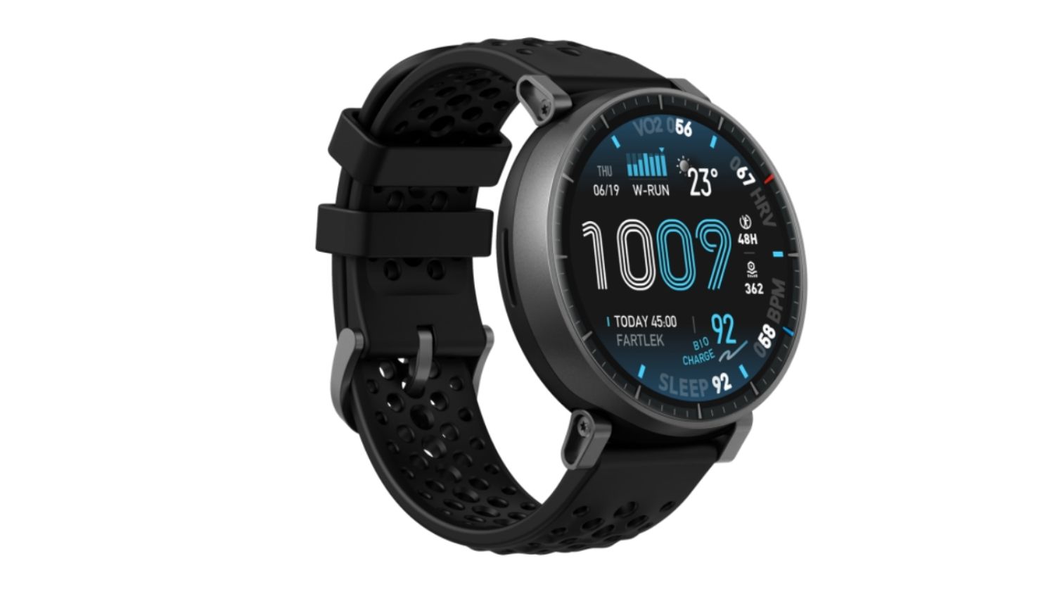 Angled view of a rugged black smartwatch with a perforated silicone band, showing advanced fitness metrics on a high‑contrast display