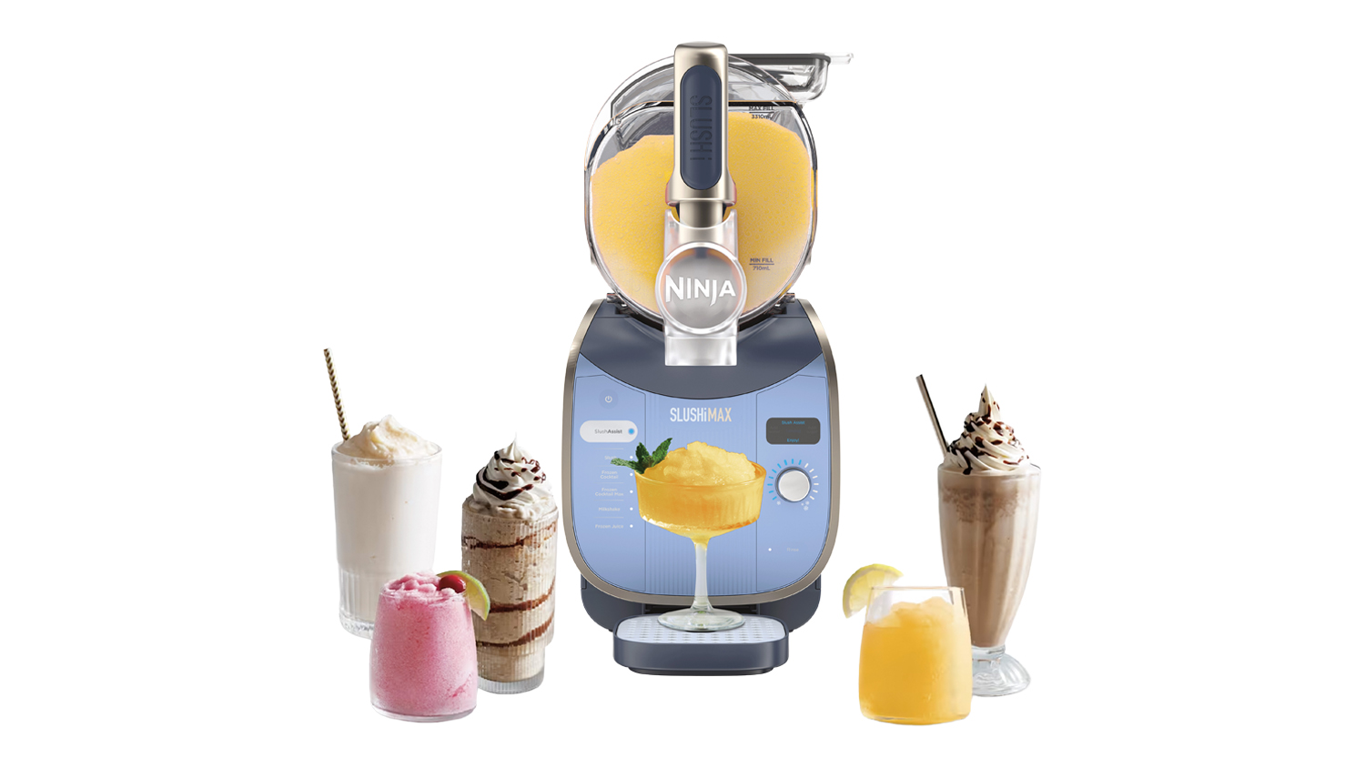 Front view of the Ninja SLUSHi Max frozen drink maker with a slush barrel filled with a yellow frozen drink