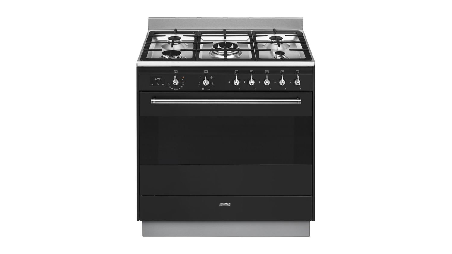 Front view of the Smeg Classic 90cm Dual Fuel Freestanding Oven with 5 Burner Gas Cooktop