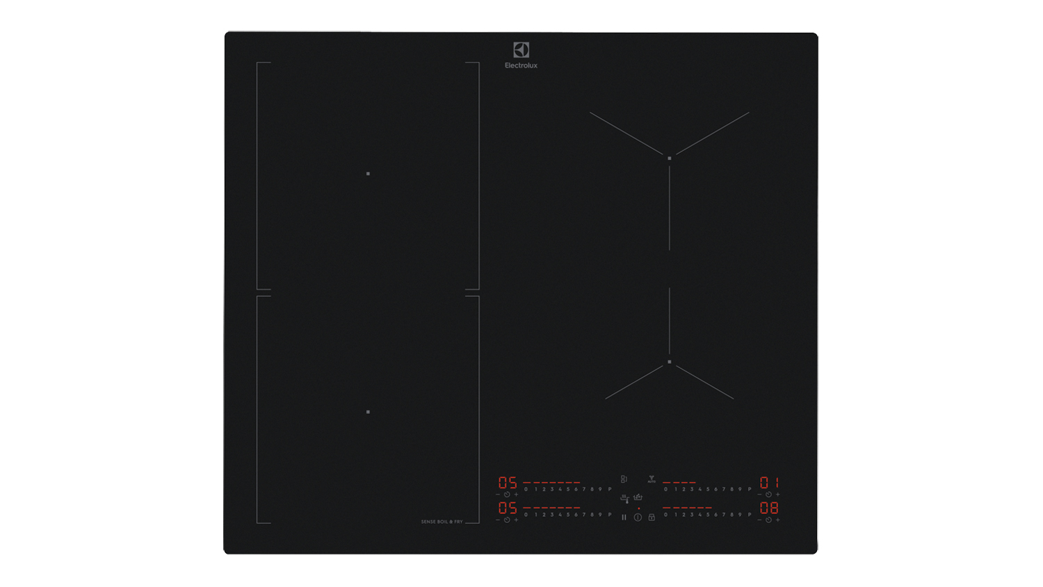 Top‑down view of the Electrolux 800 Series black induction cooktop showing four clearly marked cooking zones