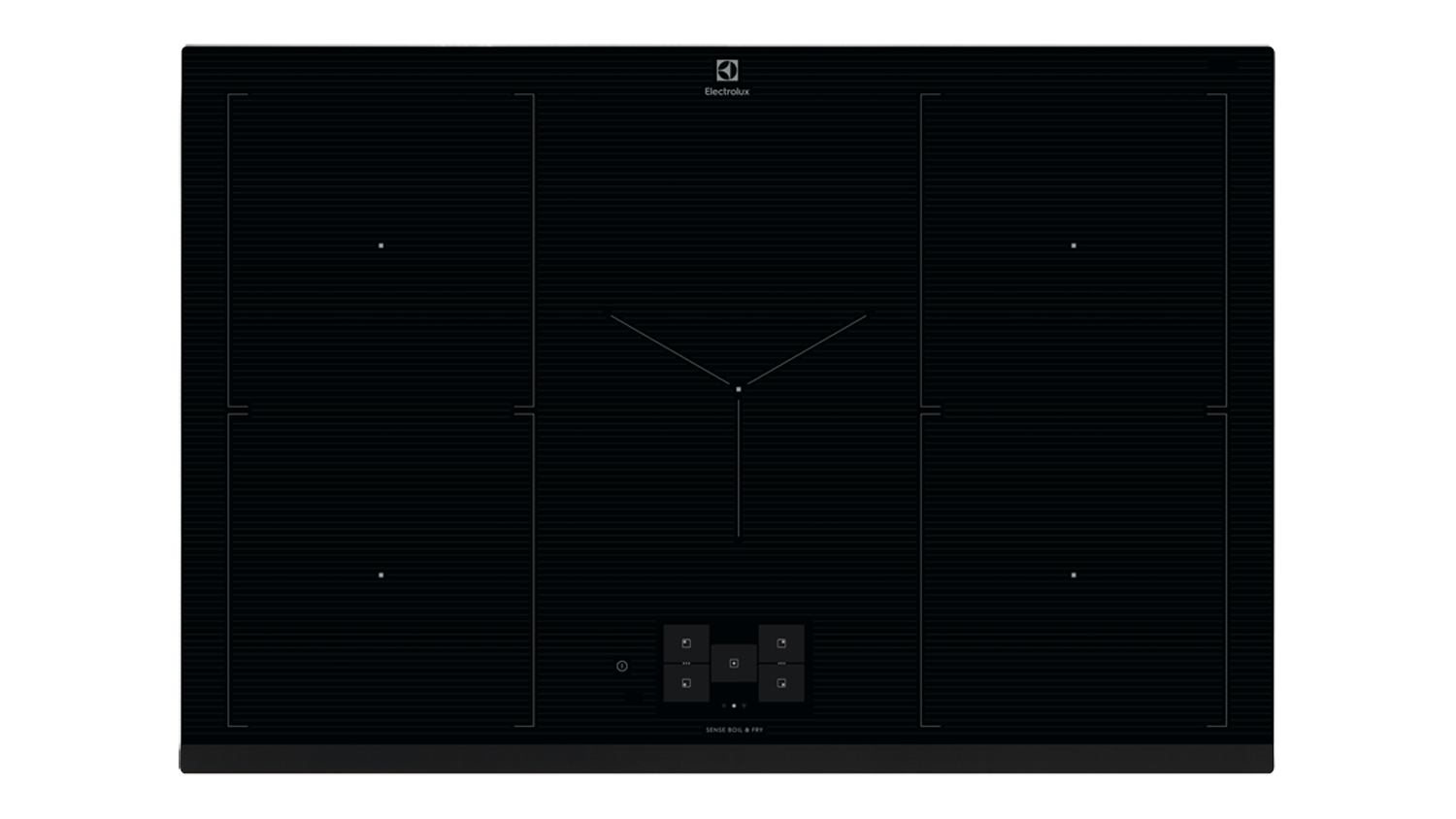 Top‑down view of the Electrolux 80cm black induction cooktop showing five cooking zones