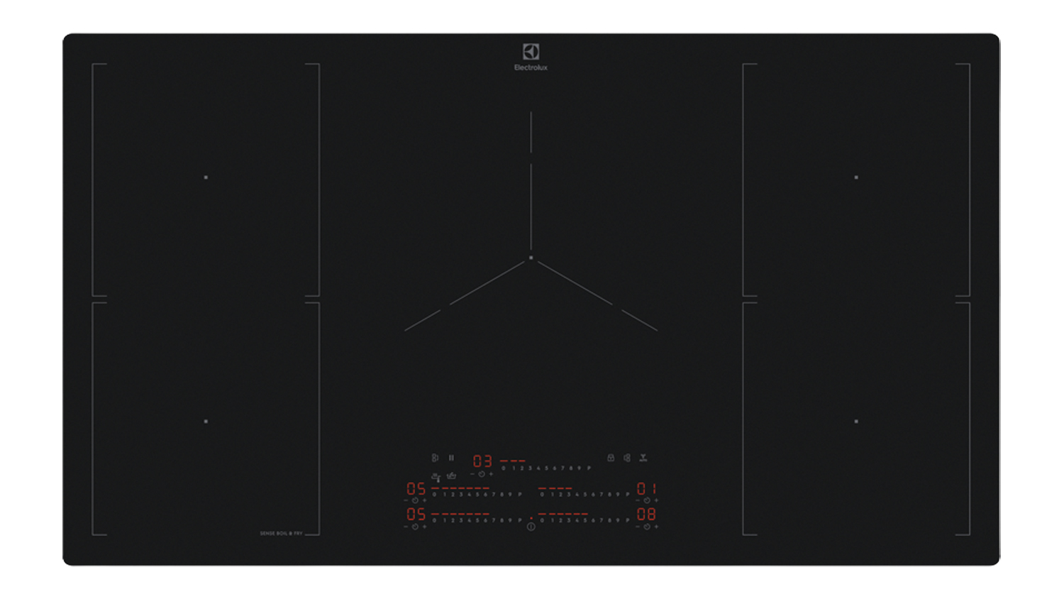 Top‑down view of the Electrolux 90cm black induction cooktop showing five cooking zones