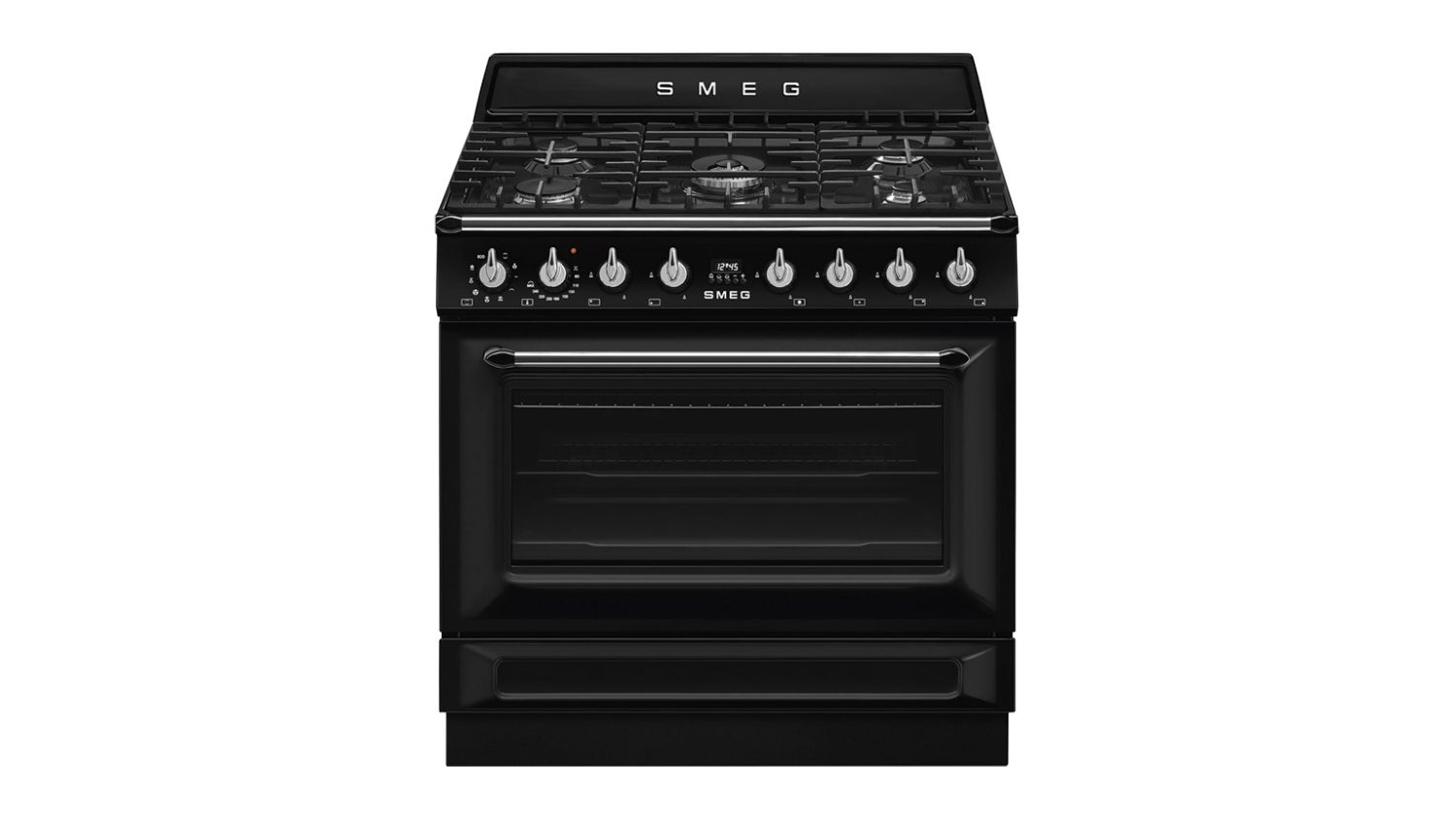 Front view of the Smeg Classic 90cm Dual Fuel Freestanding Oven with 5 Burner Gas Cooktop