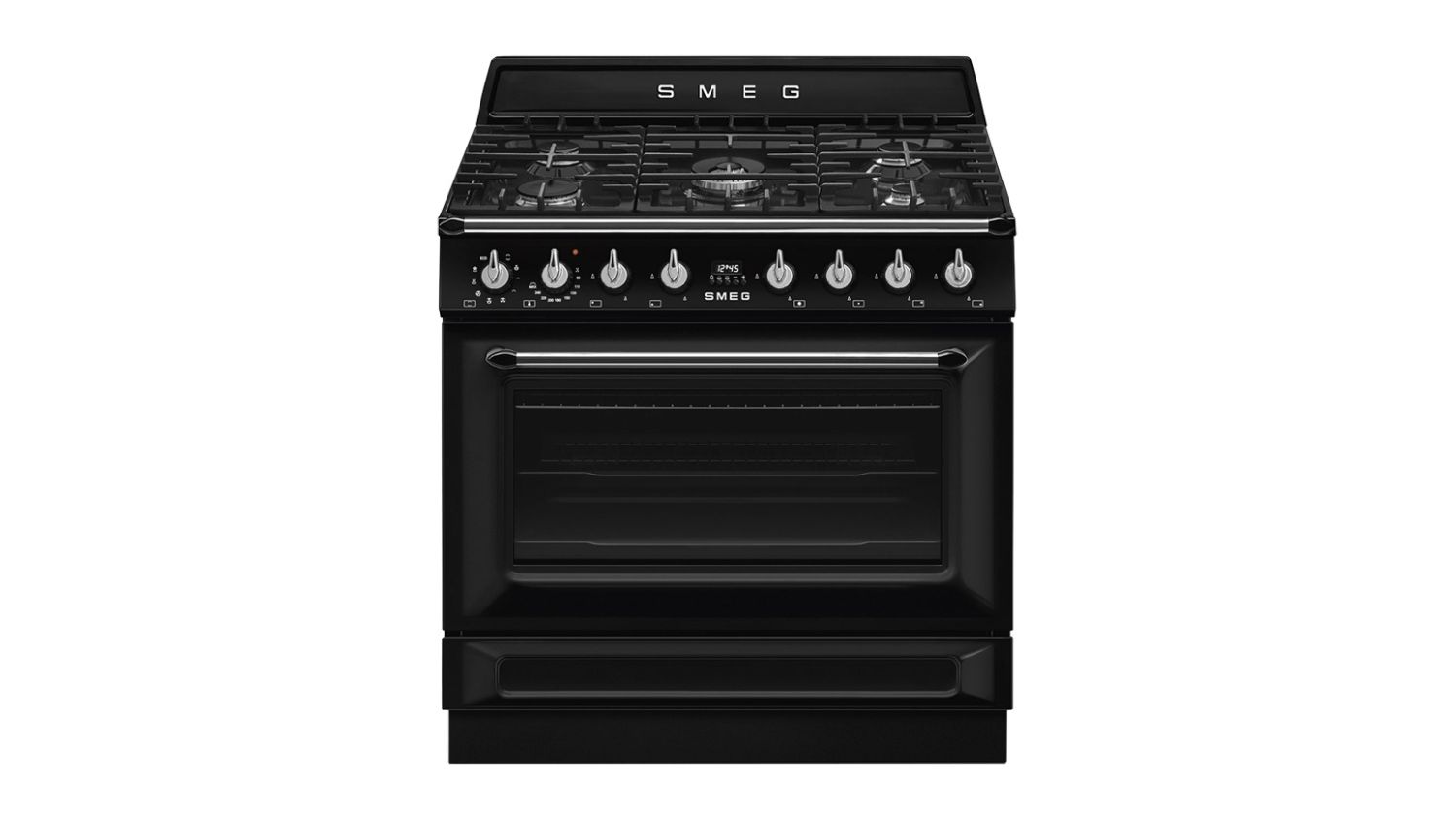 Front view of the Smeg Classic 90cm Dual Fuel Freestanding Oven with 5 Burner Gas Cooktop