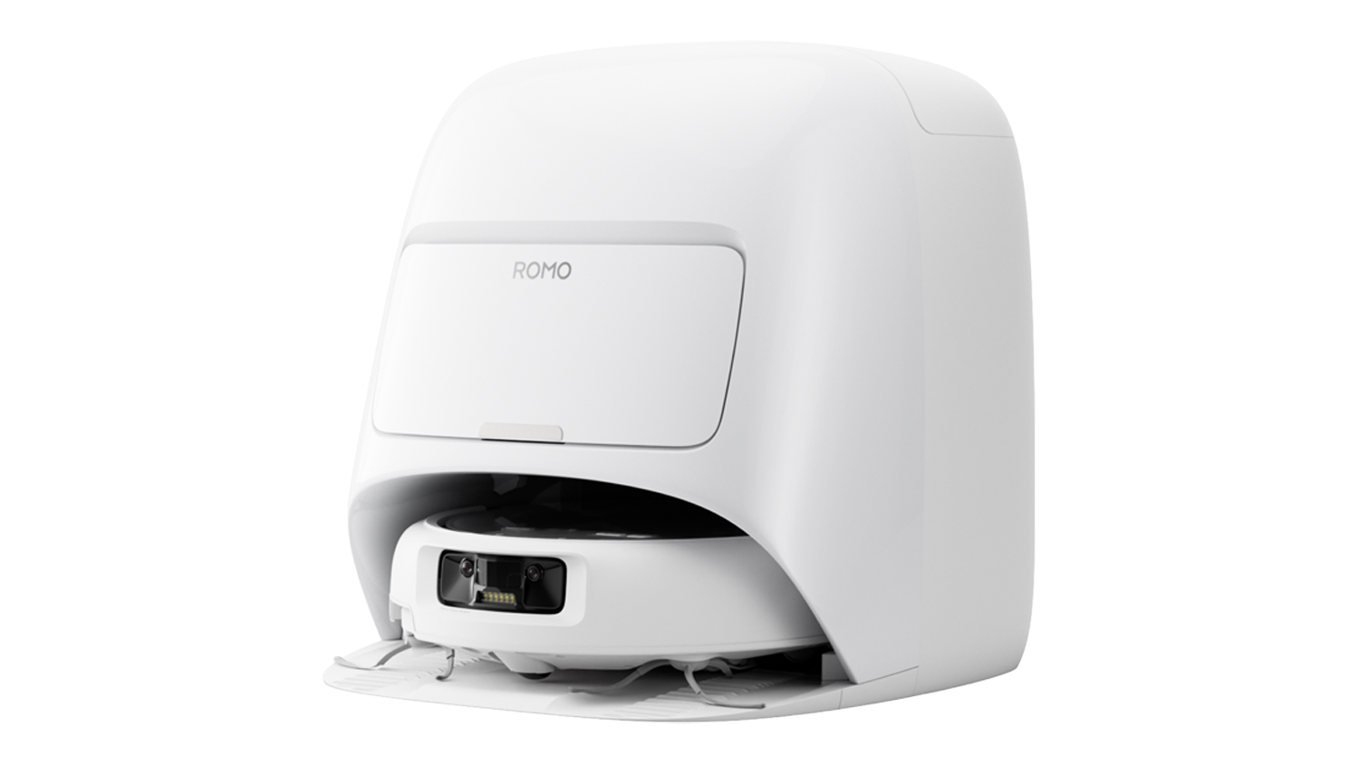 Angled front view of the white DJI Romo A docking station with the robot vacuum partially docked inside