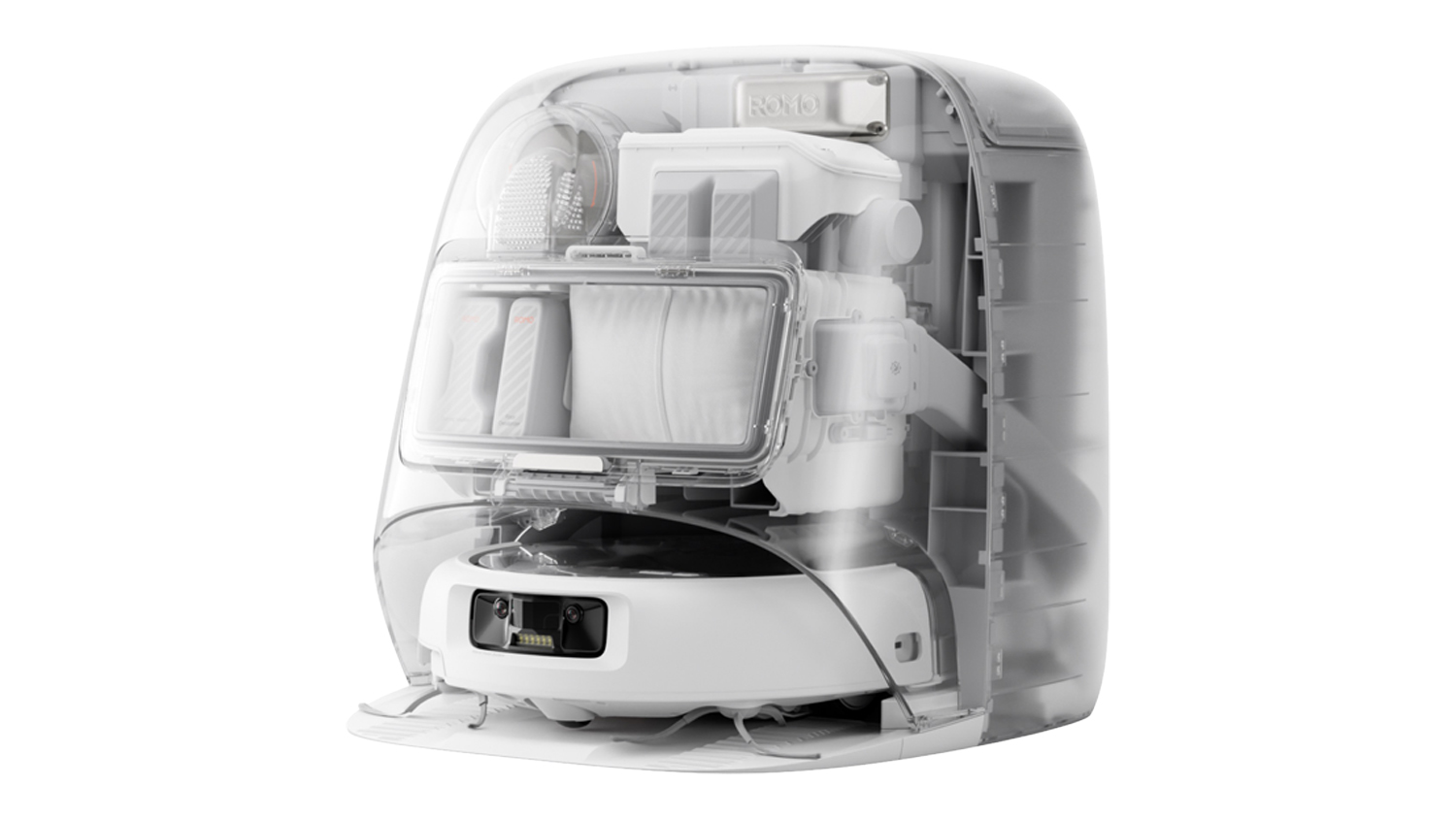 Transparent cutaway view of the multifunction docking station with the robot vacuum inside