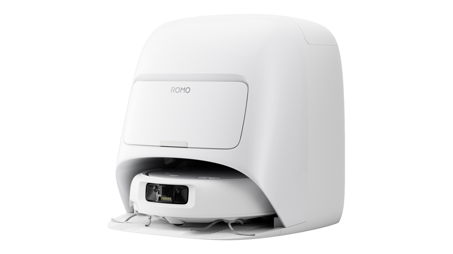 Front three-quarter view of the all-white DJI Romo S docking station with the robot vacuum docked inside