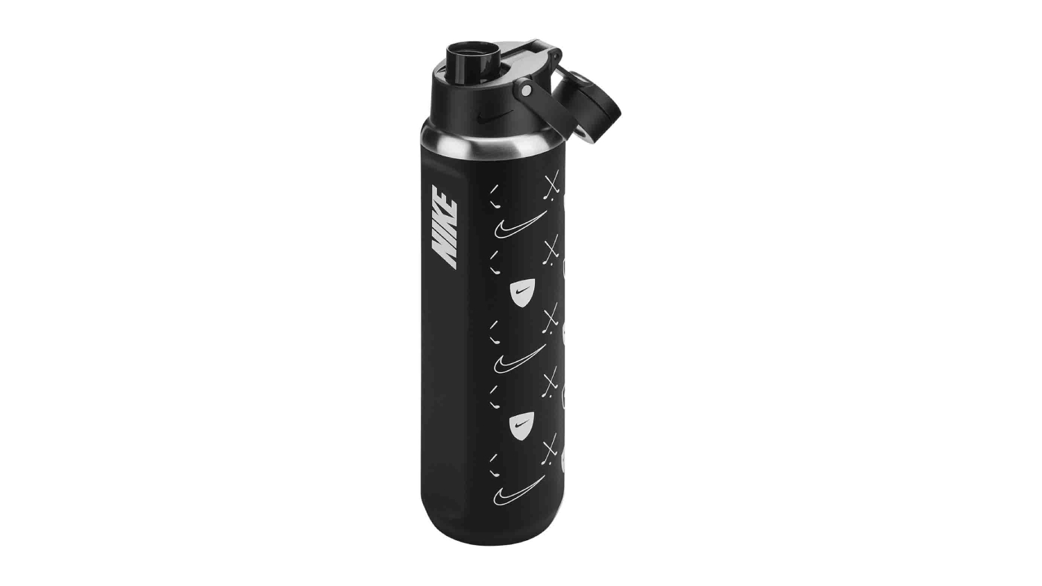 Nike Stainless Steel Recharge Chug Drink Bottle 700mL with a flip lid, finger loop handle, and white Nike logo graphics
