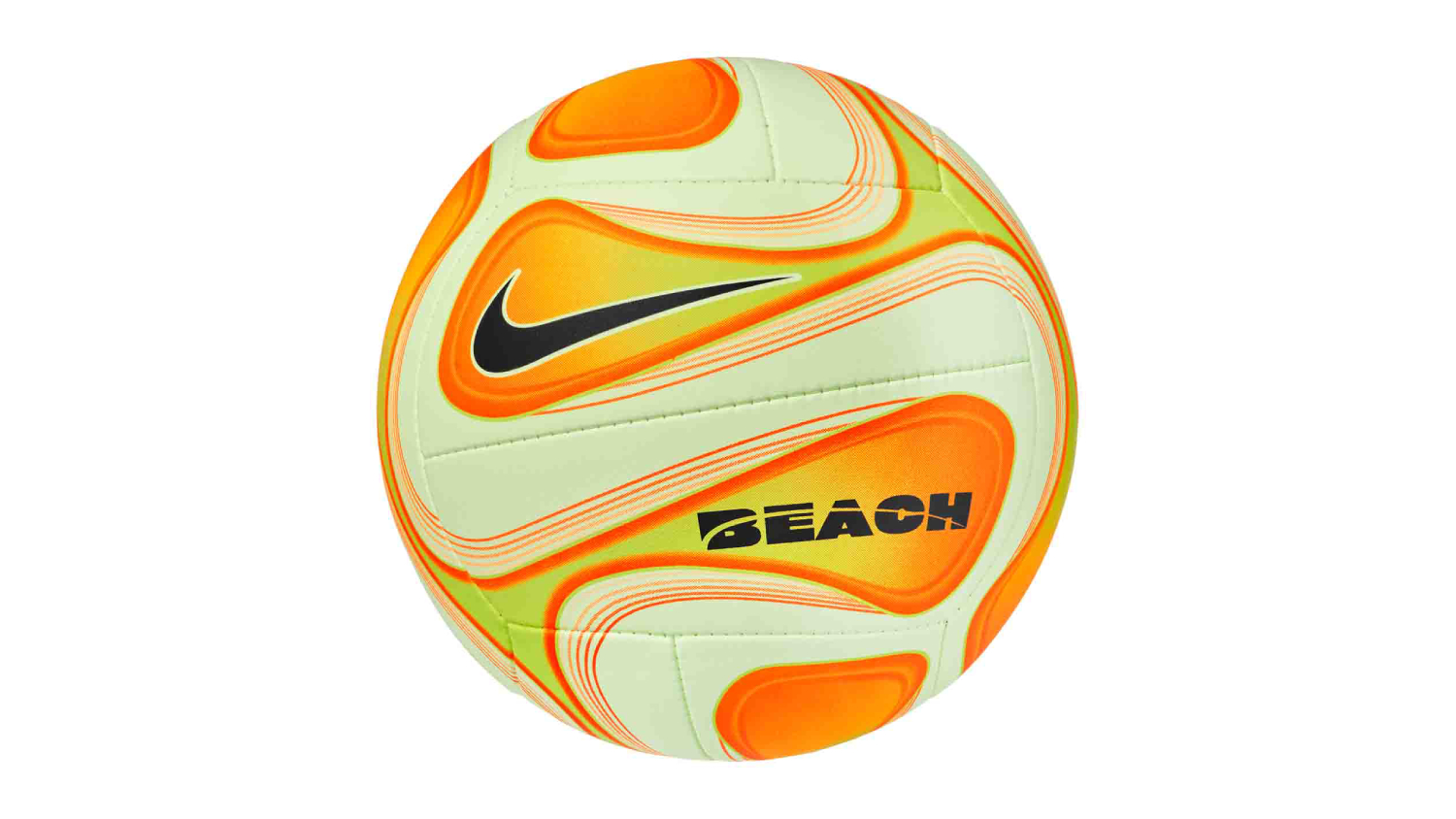 Light green and orange Nike beach volleyball, size 5, with wavy patterns and a black Nike swoosh
