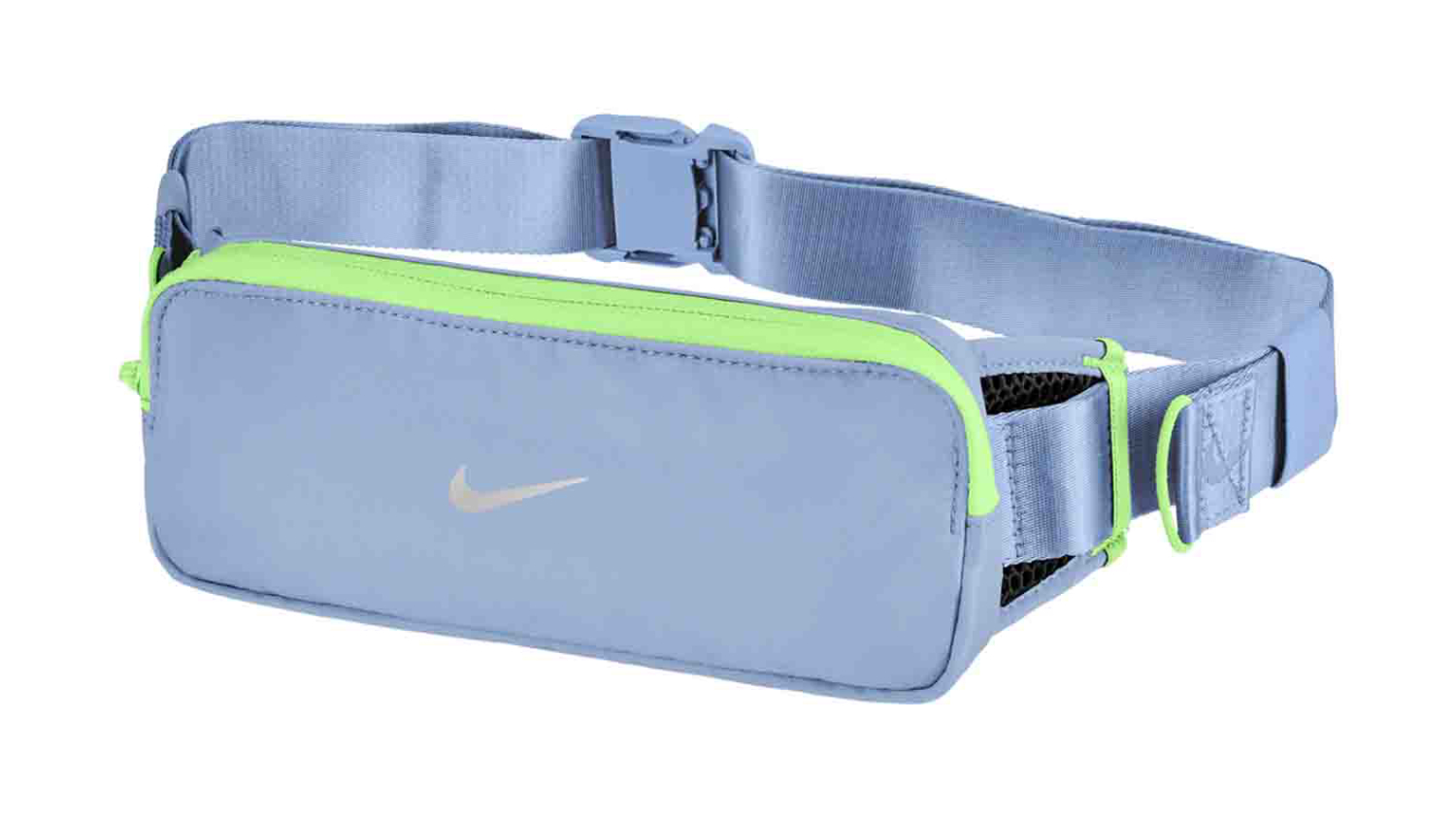 Nike Tempo waistpack in aluminium blue with green zipper trim, adjustable strap, and reflective swoosh for running