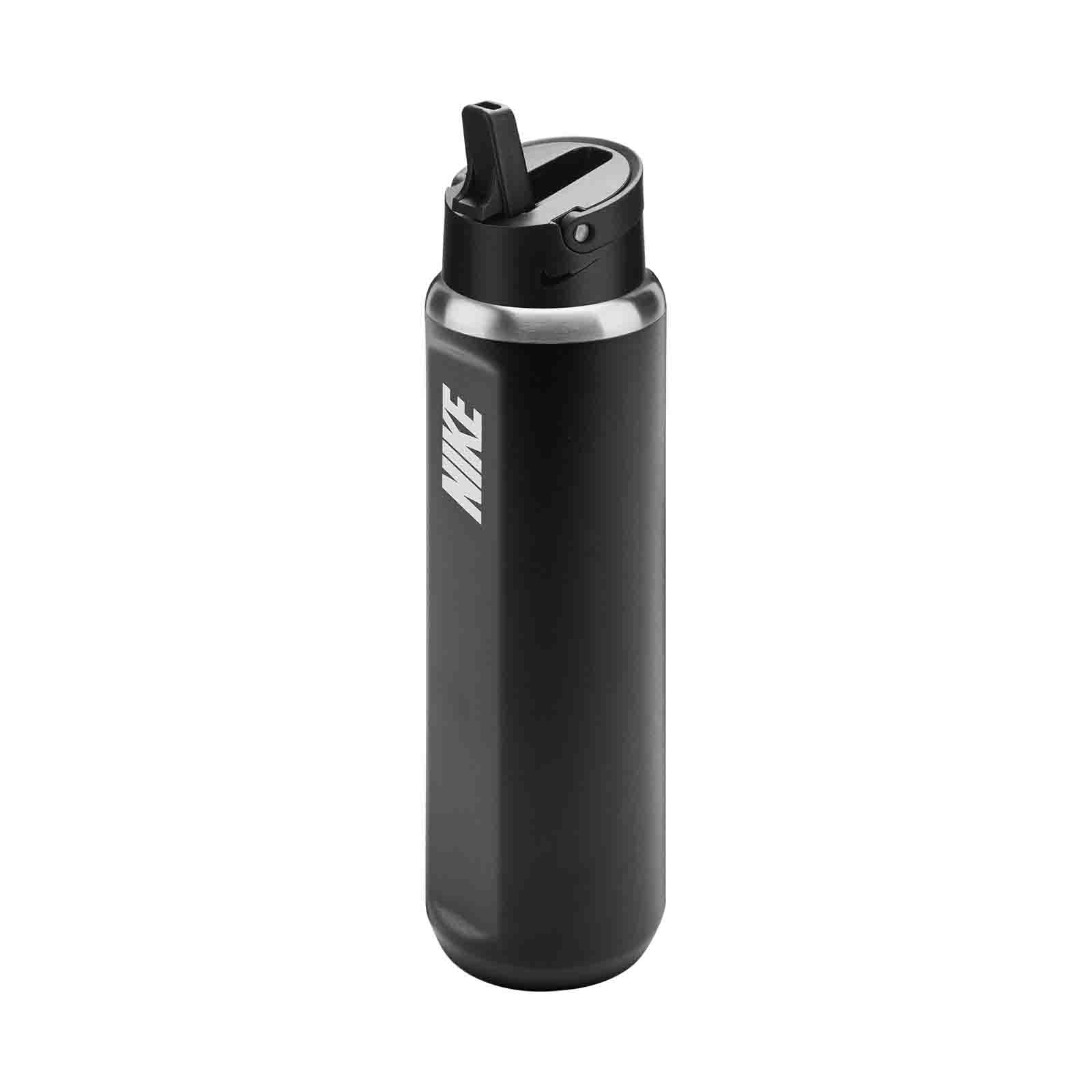 Black Nike Stainless Steel Recharge Straw Drink Bottle 700mL with a flip‑up lid, white Nike logo, and tall, slim design