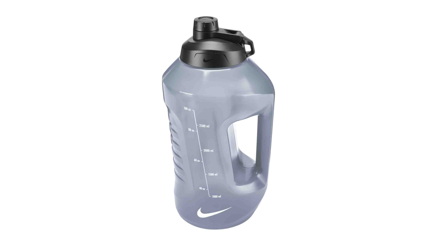 Large Nike Super Jug chug drink bottle with handle and flip‑top lid, showing ounce and millilitre measurement markings