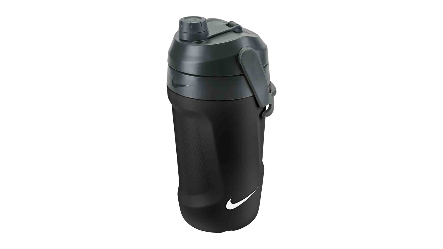 Black Nike sports bottle with textured grip, flip-top spout, and carry handle