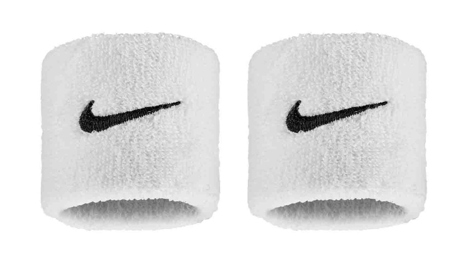 A pair of white Nike wristbands with black Swoosh logo