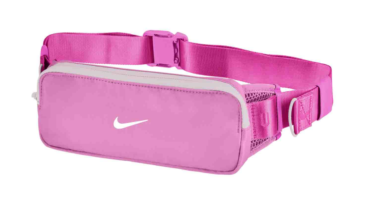 Nike Tempo waistpack in pink with reflective swoosh, slim zippered pouch, and adjustable strap for running or training