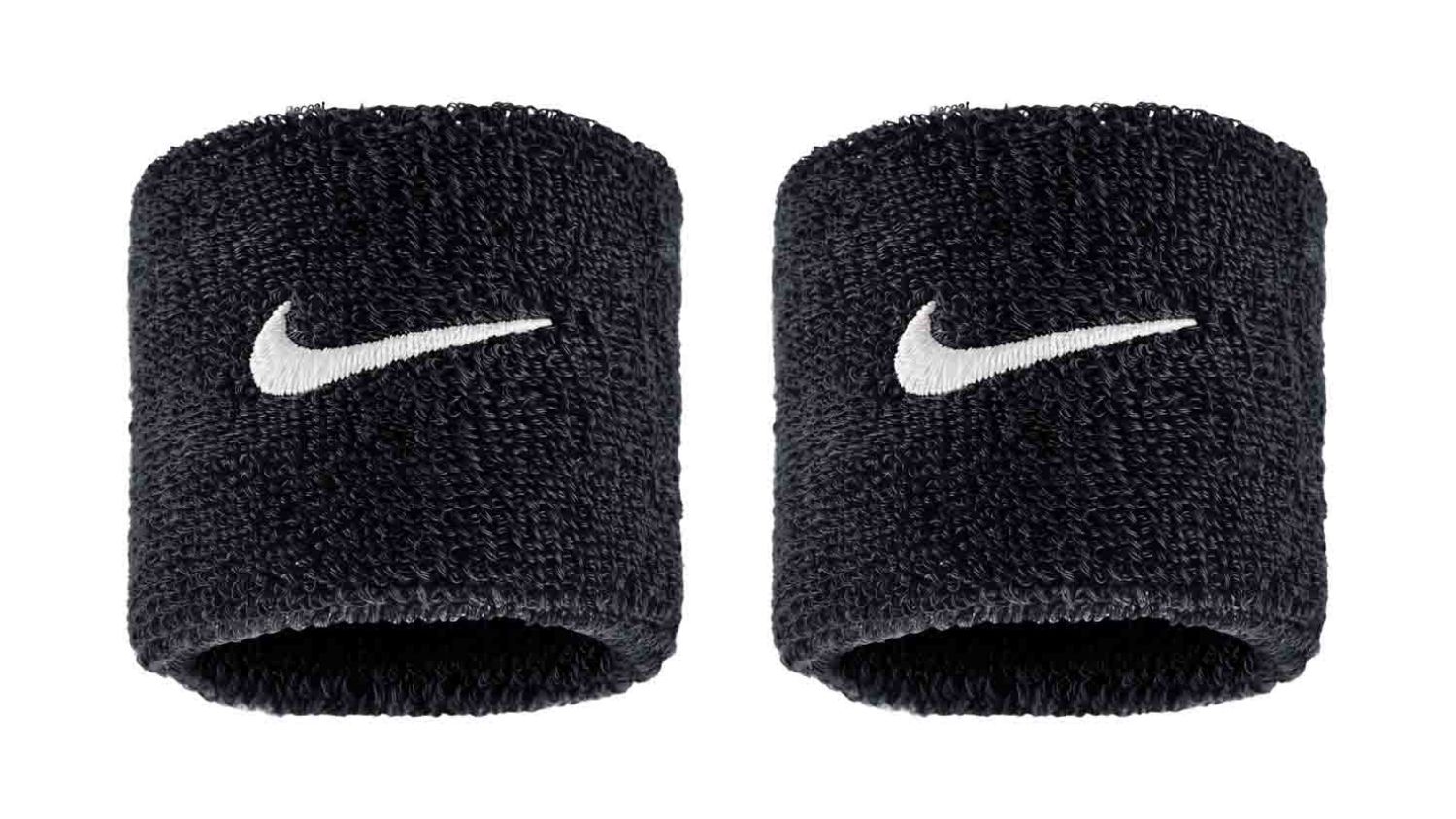 A pair of black Nike wristbands with white Swoosh logo