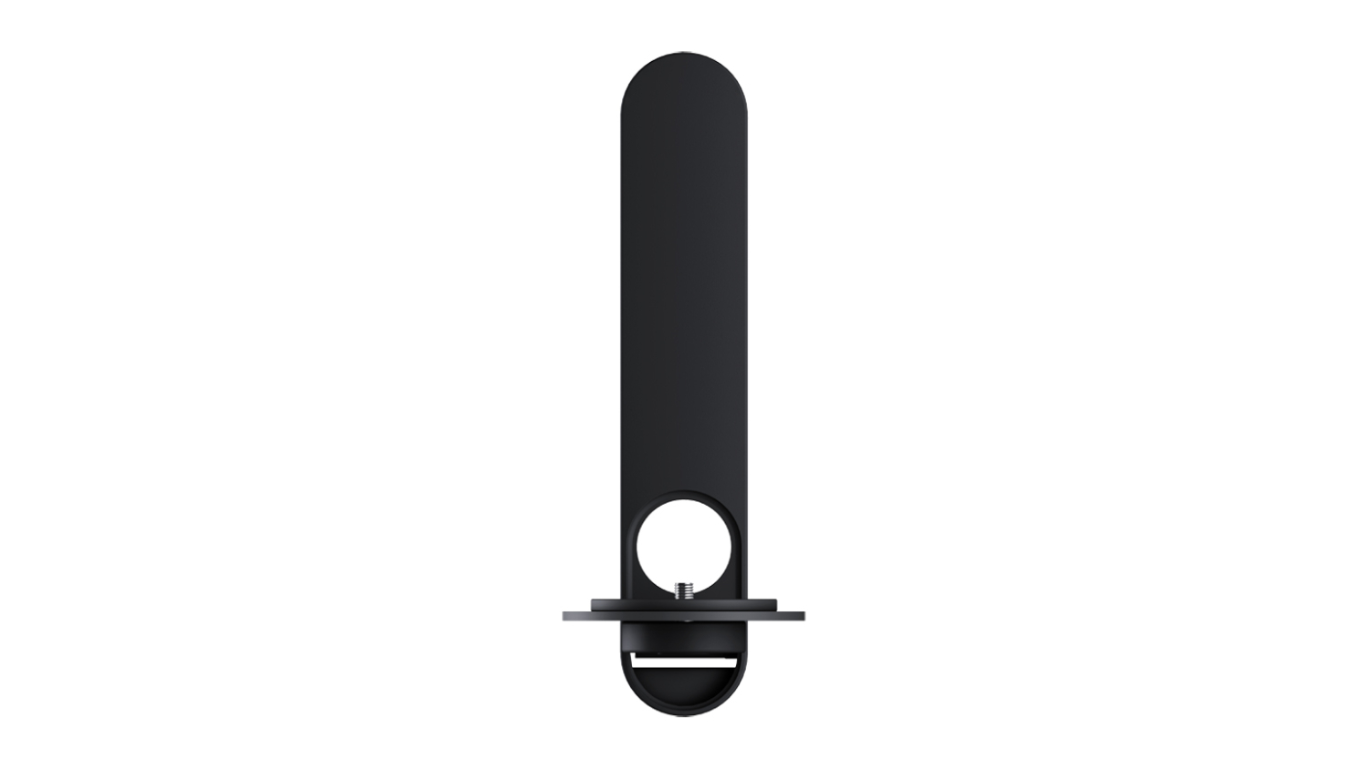 Front view of a black vertical Bose wall bracket with a rounded top and a circular adjustment opening near the base