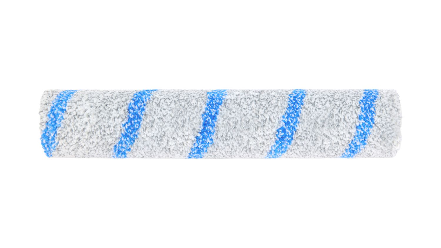 Close-up of a cylindrical roller mop with soft grey microfibre fabric and diagonal blue stripes, shown horizontally