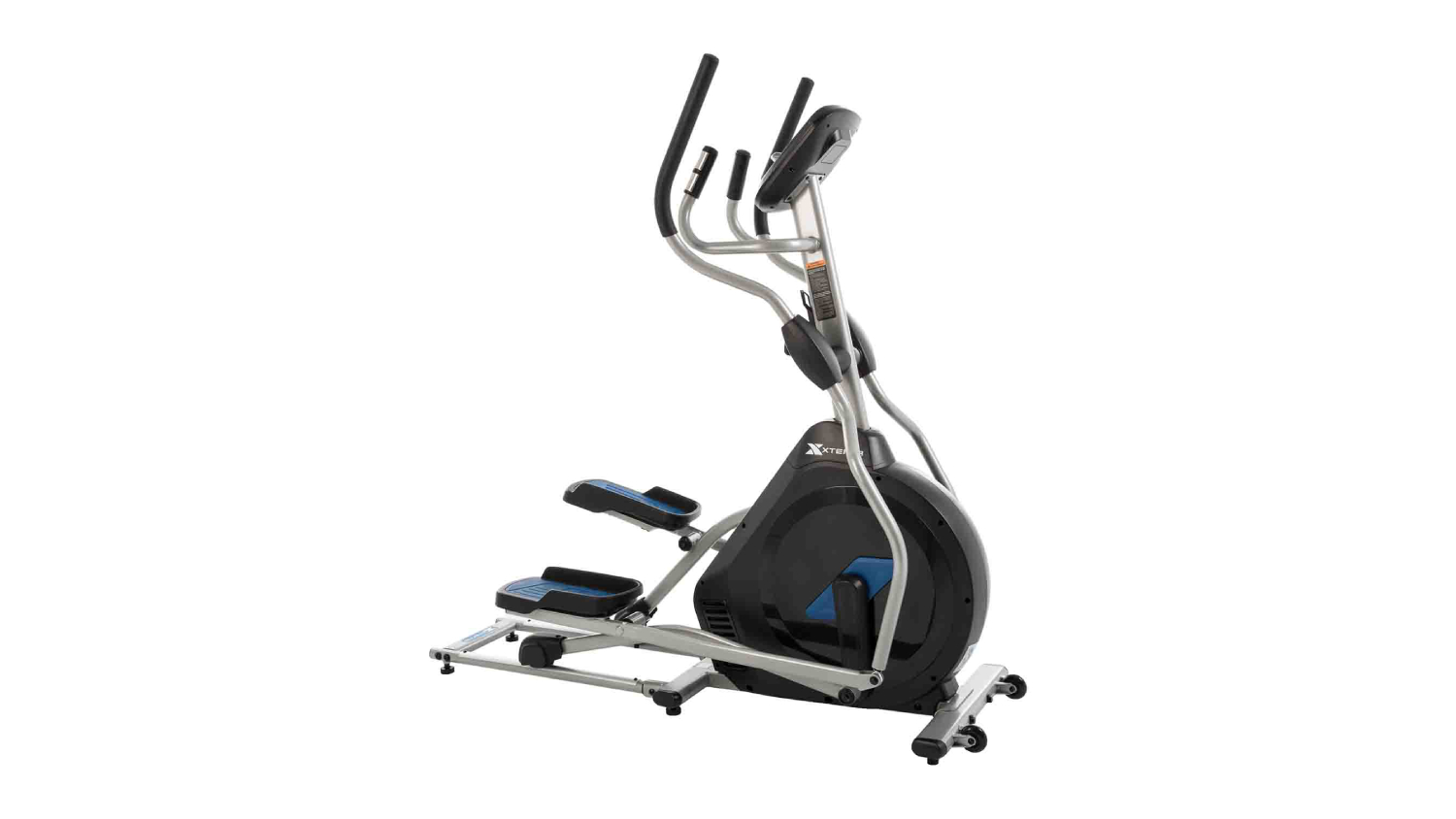Angled view of an Xterra FS380 Elliptical Cross Trainer featuring a silver frame, black housing, and blue foot pedals