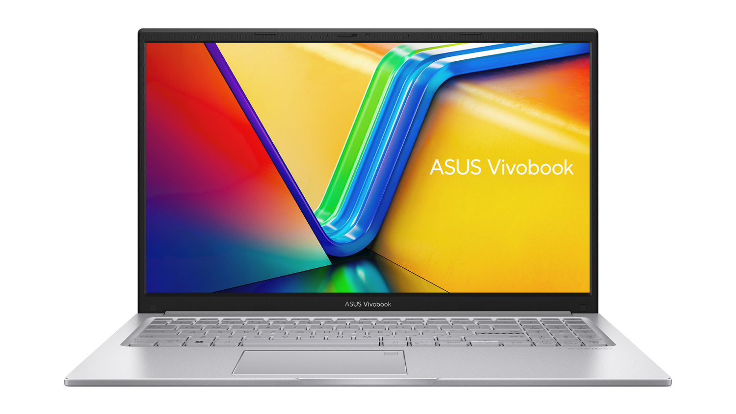 Silver ASUS Vivobook 15.6-inch laptop opened, showing a colourful display with the ASUS Vivobook text