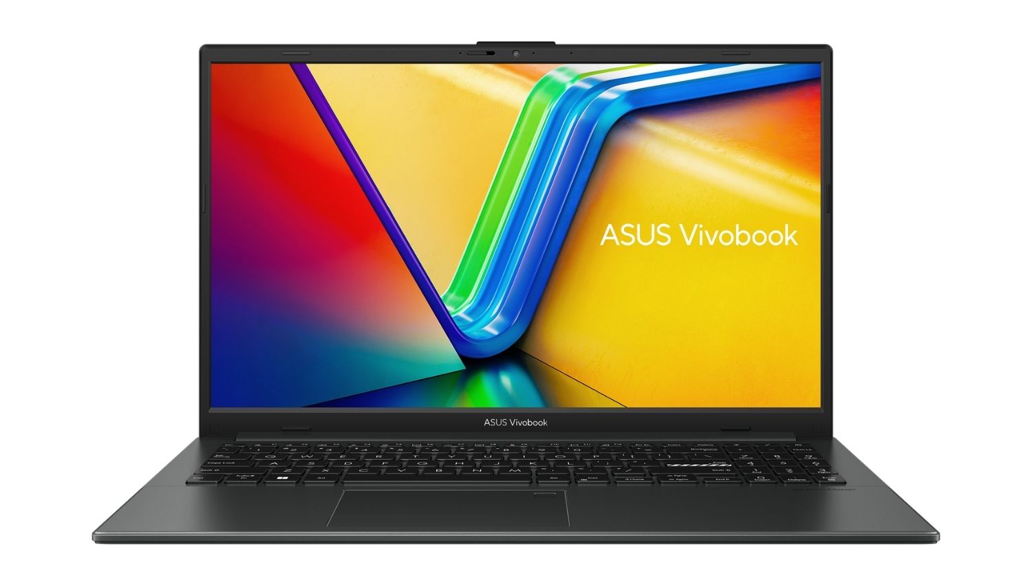 Front view of the ASUS Vivobook laptop showing a slim black design, a full keyboard, a large touchpad, and a vibrant, colourful display screen