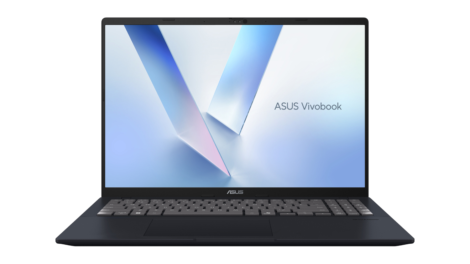 Front view of an open ASUS Vivobook 16" laptop with a thin‑bezel display and visible keyboard