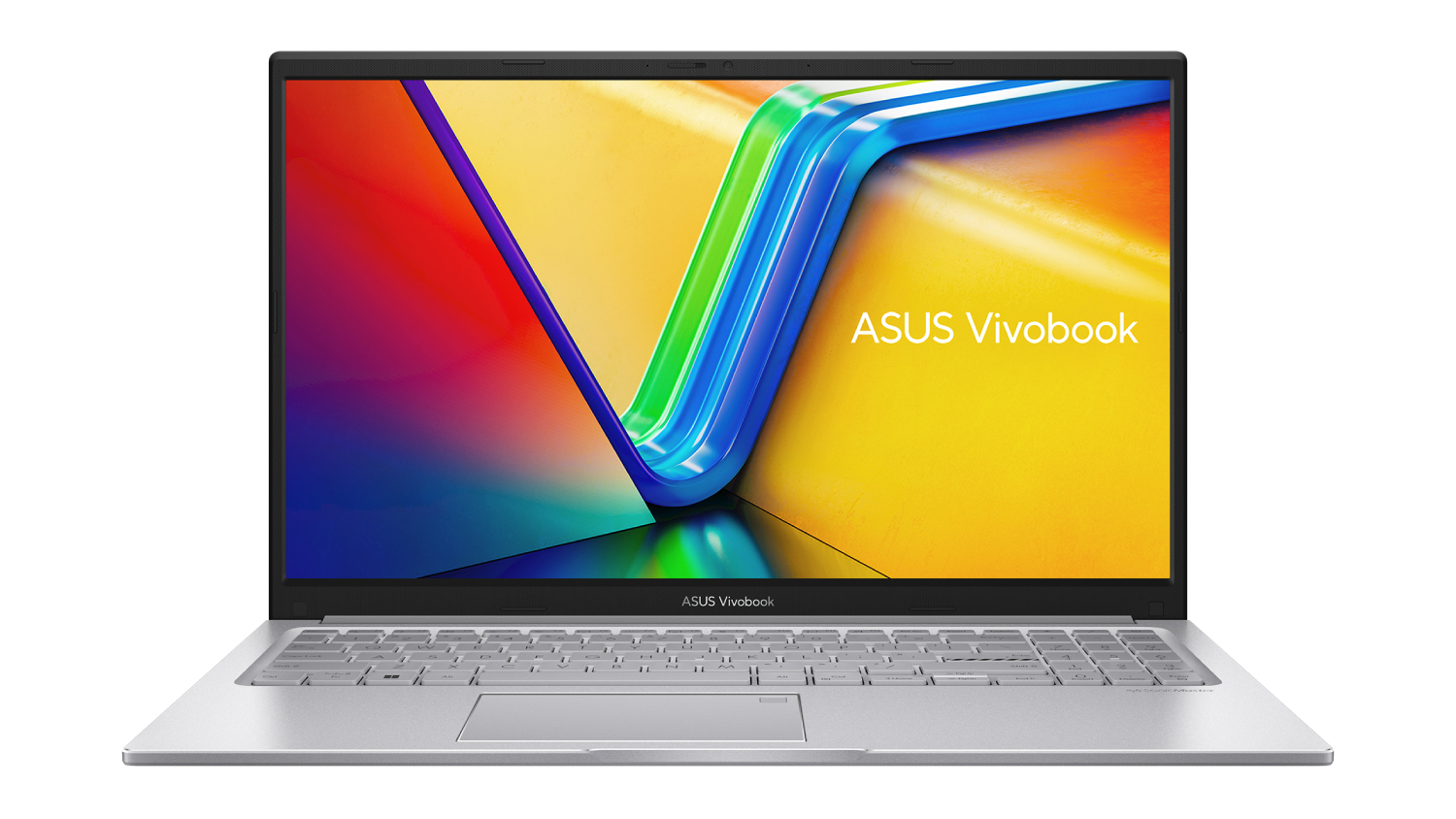 Front view of a silver ASUS Vivobook 17.3" laptop, open and displaying a colourful abstract screen